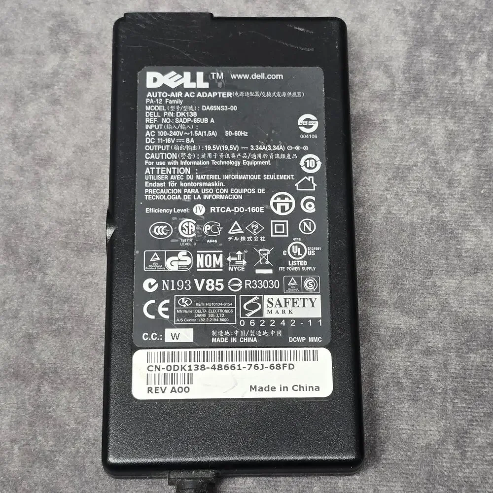Genuine Dell Auto-Air AC Adapter PA-12 DA65NS3-00 P/N DK138 19.5V Laptop Charger